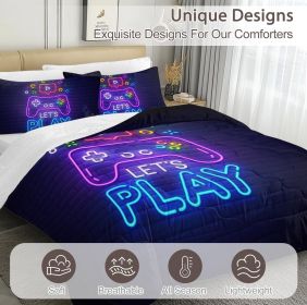 Gaming Comforter Set for Boys Trippy Gamer Bed Set with Comforter and Pillow Shams Neon Purple Blue 3 Piece Game Contoller Bedding Set for Kids T (Color: black, size: Full)