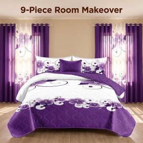 Purple White Gardenia 9 Piece Bedding Set, Washed Microfiber Bedspread with Matching Curtains and Pillowcases, Queen King Cal King (Color: Purple White Gardenia, size: CAL KING)
